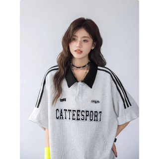 ส่งจากกรุงเทพฯ Solovely M-2XL เสอื้ผา้ผหู้ญง สไตล์เกาหลี พิมพ์ลาย แขนสั้น เสอ ลายทาง หลวมๆ เสื้อยืด โอเวอร์ไซส์ เสื้อโปโล