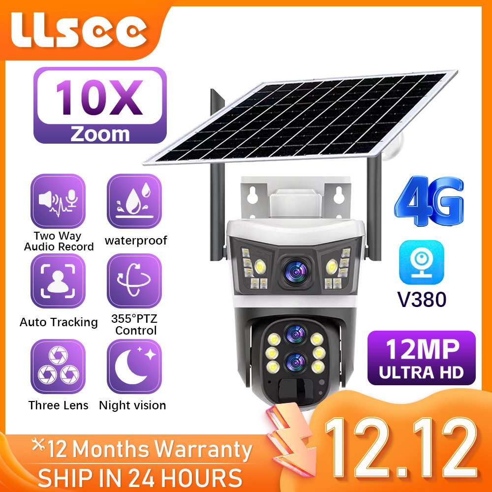LLSEE 3 เลนส์ 12MP 6K V380 pro กล้องวงจรปิดกลางแจ้งกล้องรักษาความปลอดภัยพลังงานแสงอาทิตย์ไร้สาย 4G ซิมการ์ด 10 เท่าออปติคัลซูมกันน้ำ 360 PTZ ตรวจจับสัญญาณเตือนการเคลื่อนไหวการติดตามการมองเห็นกลางคืนที่มีสีสัน