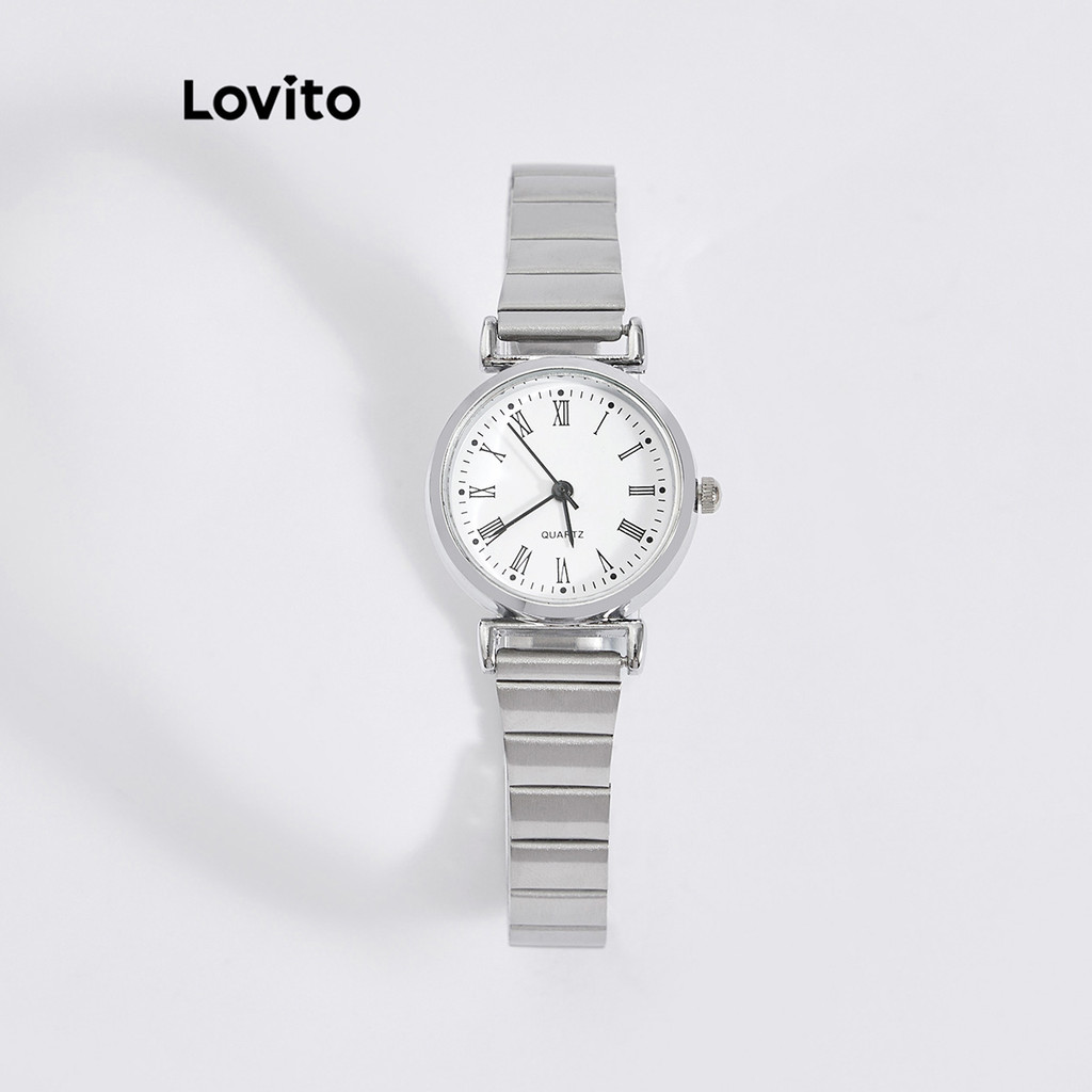 Lovito นาฬิกาควอทซ์ลำลอง ดิจิตอล พื้นผิวโลหะ สีพื้น สำหรับผู้หญิง LNA13089 (สีเงิน)
