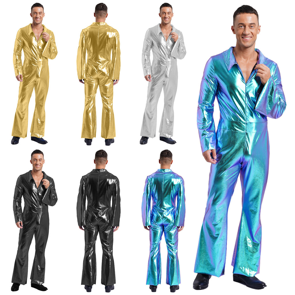 ผู้ชาย 70s Disco Metallic Shiny Jumpsuit Lapel Flare Sleeve Zipper กางเกงขากว้าง Rompers สําหรับ Rave Party Club