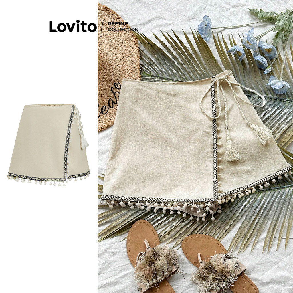 (Lovito Refine) กางเกงขาสั้นผ้าลูกไม้ทรงลำลองสำหรับผู้หญิง L108ED391