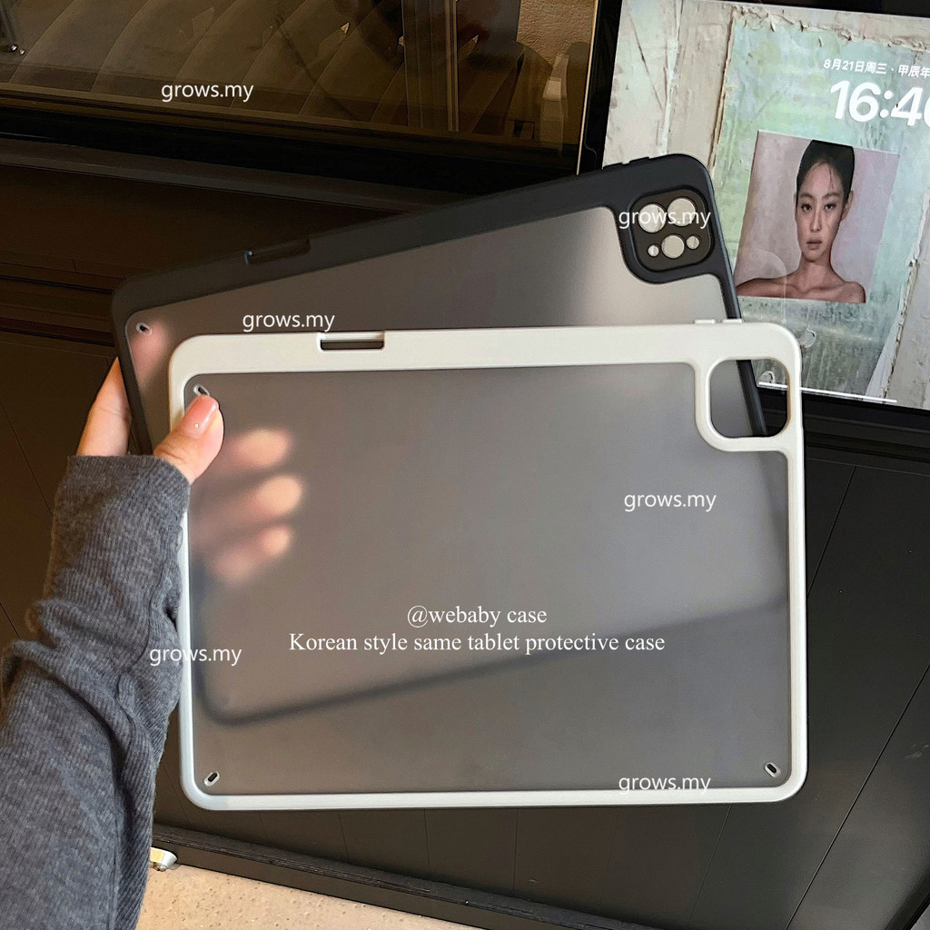 เคสหลังใสด้านพร้อมที่ใส่ดินสอสําหรับ iPad mini A17 Pro mini7 Air6 11Pro M4 11 13 12.9 Air4/Air5 10.9"ultra บาง 10th 7/8/9 Pro 11 รองรับปากกาชาร์จ