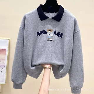 Local shipping ฤดูใบไม้ร่วงใหม่ผู้หญิงเสื้อโปโลคอปก,หมีพิมพ์หลวมLapel Casual Age-Reduction Top