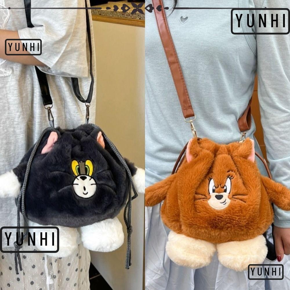 Yunhi กระเป๋าสะพาย, กระเป๋าถือตุ๊กตา Tom and Jerry, การออกแบบเชือกรูดน่ารักแมวและเมาส์ความจุขนาดใหญ่กระเป๋าสะพายข้างของขวัญ