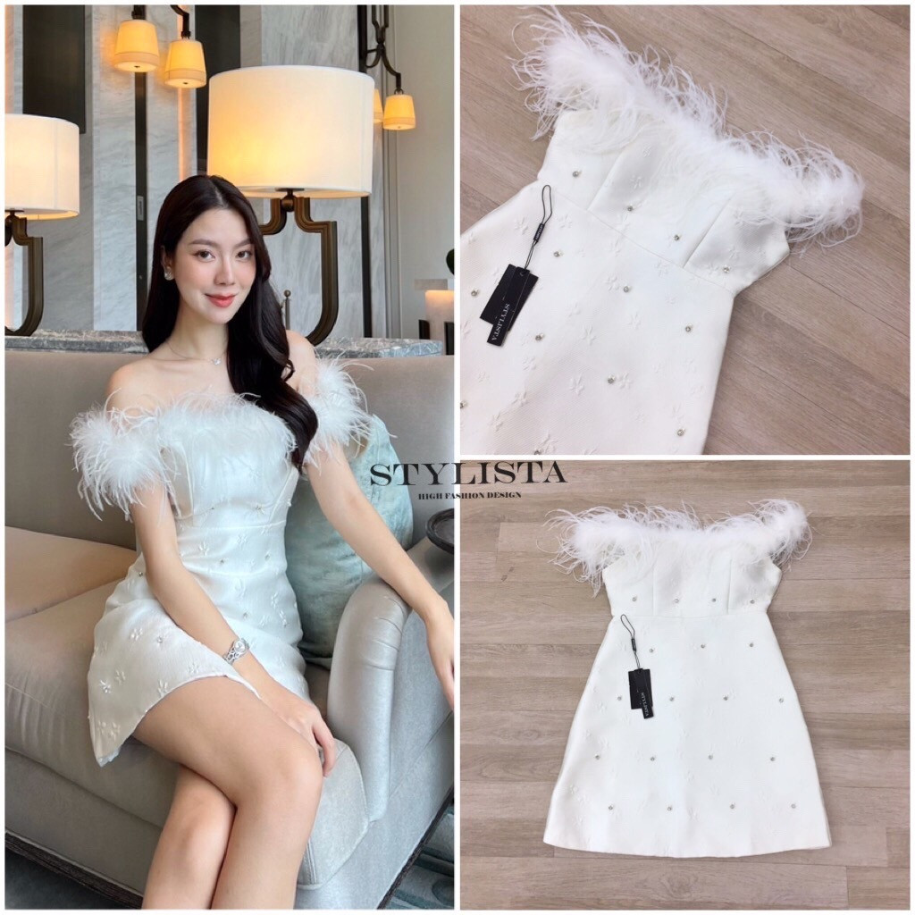 (xs-L) 📍พร้อมส่ง🚩 sty23 เดรสขนนก เดรสขนเฟอร์ เดรสสีขาว Cafe