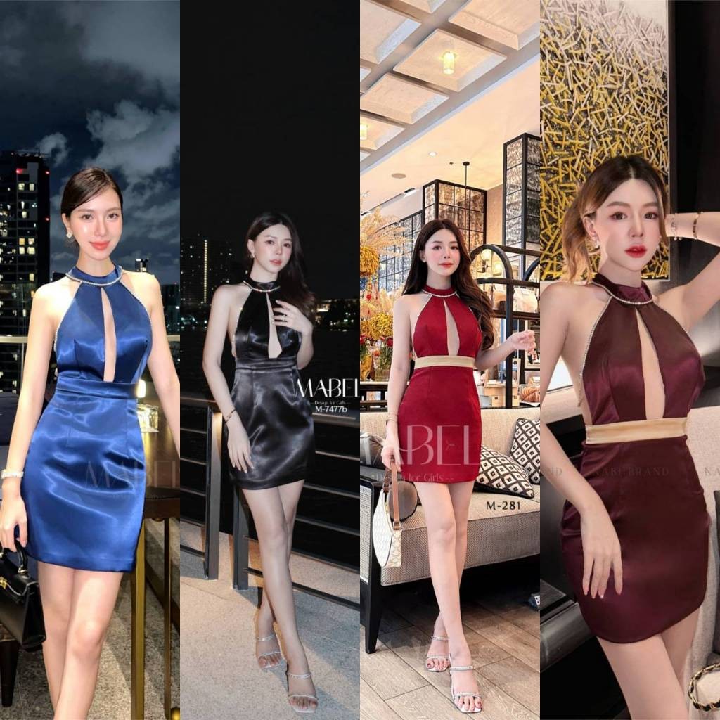 (xs-xl) (พร้อมส่ง) Nabi&Mabel002 4 11  MINIDRESS ดีเทลงานเซ๊กซี่เปิดหลัง แหวก อก ติดสายเพชรรอบคอคล้อ