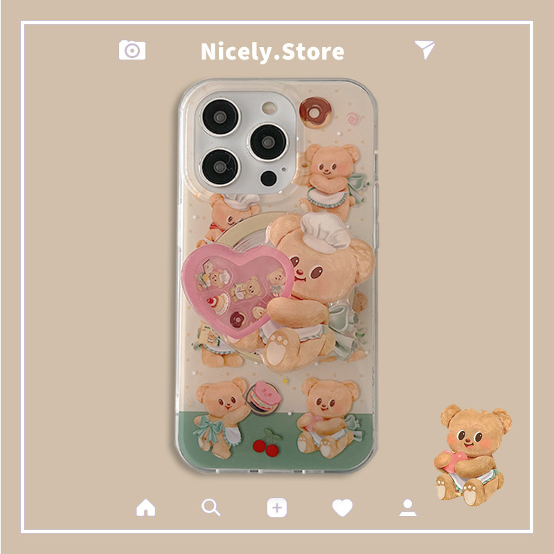 การ์ตูน Loving Heart Butter Bear เคสโทรศัพท์สําหรับ iPhone 16 15 14 13 12 Pro Max Silding ผู้ถือขาตั้ง IMD Full Coverage ฝาครอบ Shell