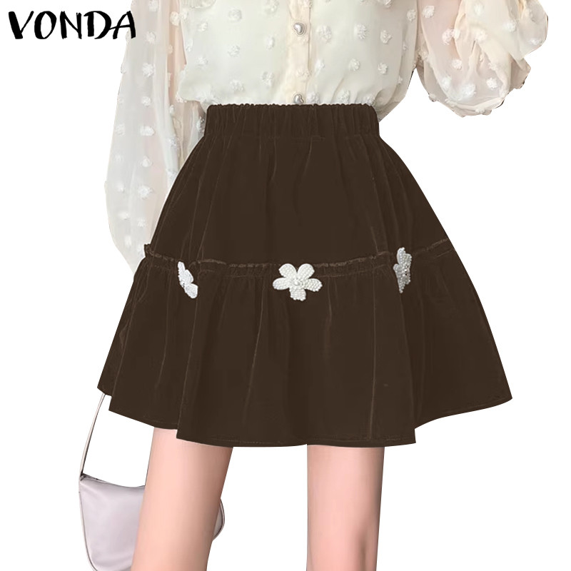 Vonda ผู้หญิงเกาหลีเอวยางยืดดอกไม้เล็บลูกปัดสีทึบ A-Line กระโปรงครึ่งตัว