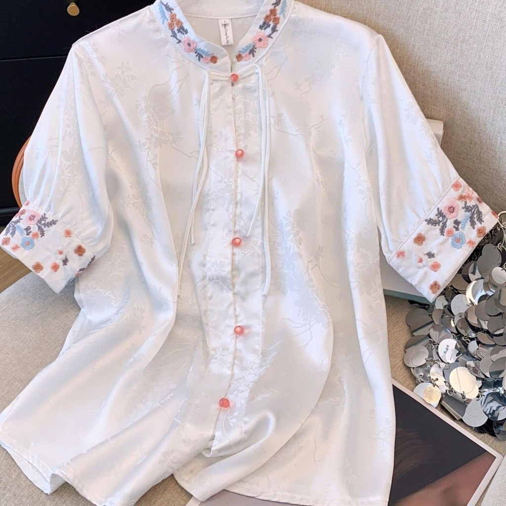 เสื้อกี่เพ้าชุดฮั่นฟู่เสื้อเชิ้ตกระดุมจีนสไตล์เบาสไตล์จีนรุ่นใหม่สำหรับผู้หญิงเสื้อตัวเล็กปักลายสำหรับคนกลุ่มเล็กๆที่มีดีไซน์หน้าร้อน