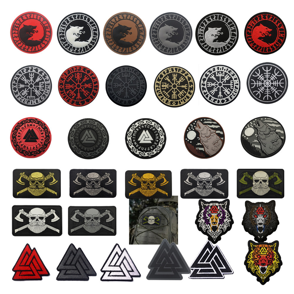 อุปกรณ์เสริมกระเป๋ากลางแจ้ง ไวกิ้ง Lunavin Odin โลโก้หัวหมาป่าเข็มทิศเย็บปักถักร้อย patch Velcro Bad