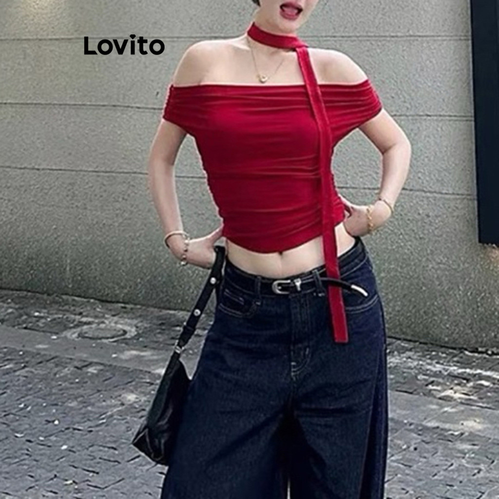 Lovito เสื้อยืดริบบิ้นจีบลูกไม้ธรรมดาสุดหรูสำหรับผู้หญิง L102AD117
