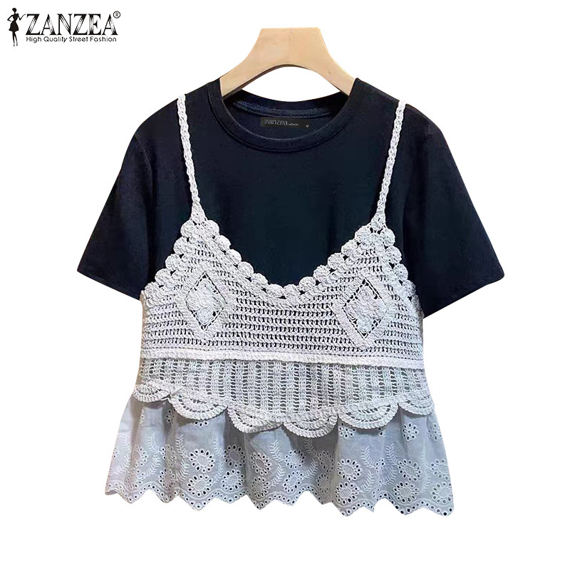 ZANZEA ใส่ ซานเซีย ผู้หญิงเกาหลีลําลองแขนกุดเย็บปะติดปะต่อกันลูกไม้ถักแขนสั้นเสื