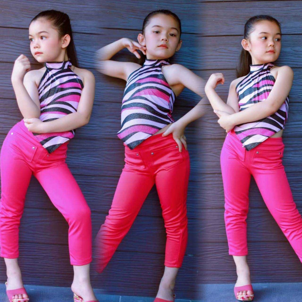 TKS ชุดเด็ก ชุดเซ็ตสุดแซ่บ เสื้อคอปีนเว้าไหล่ กางเกงตอกหมุด