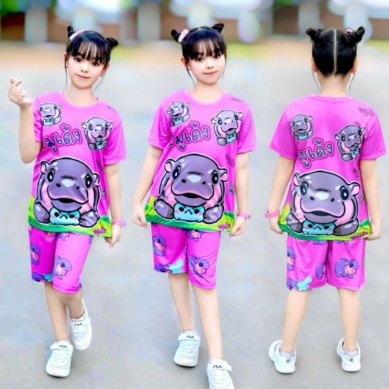 PKS ชุดเซ็ทเด็กลายน้องหมูเด้งแขนสั้น + กางเกงขาสั้นผ้าไมโครพพรีเมี่ยมสำหรับน้องๆ 3 ถึง 12 ปีมีไซส์ s