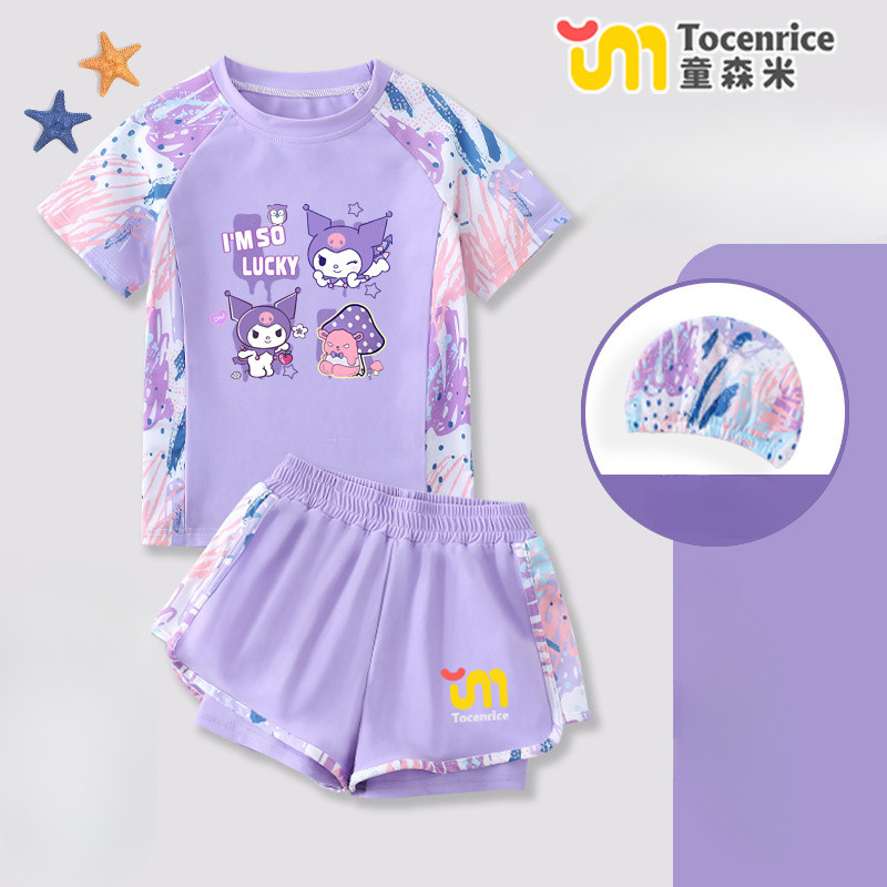 ชุดว่ายน้ำสำหรับเด็กผู้หญิง TOCENRICE [110-150ซม.] ชุดสองชิ้นแบบมืออาชีพ ชุดสามชิ้น Kuromi พร้อมหมวก สไตล์ญี่ปุ่นและเกาหลี