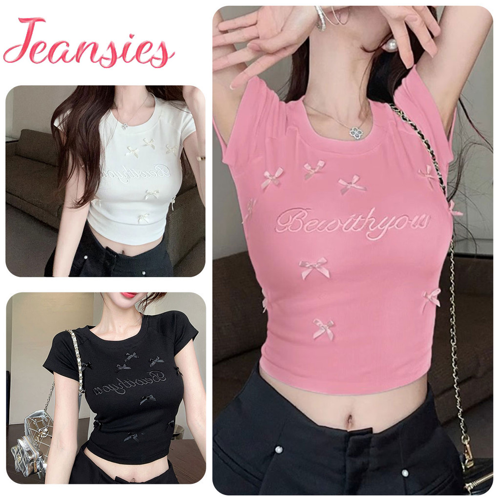 เสื้อยืดแขนสั้นคอปีกผูกโบว์ ปักลายสวยๆ สำหรับสาวๆ