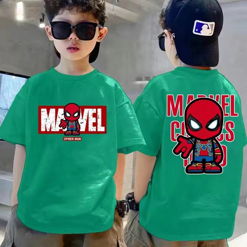 ชายเสื้อแขนสั้นลายการ์ตูนสไปเดอร์แมน เสื้อยืดแขนสั้นพิมพ์ลายสำหรับเด็ก เสื้อไอรอนแมน