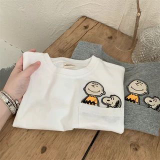 ฤดูร้อน เสื้อยืดแขนสั้นลายทางผ้าฝ้ายสำหรับเด็ก พิมพ์การ์ตูน กระเป๋า เสื้อสบายสำหรับเด็กชายและเด็กหญิง