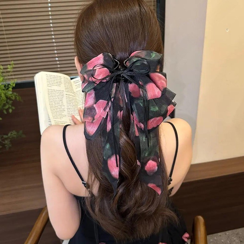 สีดําหลายชั้น Organza Bow Hair Clamp ผู้หญิงs Retro ดอกไม้ผมหางม้าคลิปผมอุปกรณ์เสริมผม - รูปที่ 4