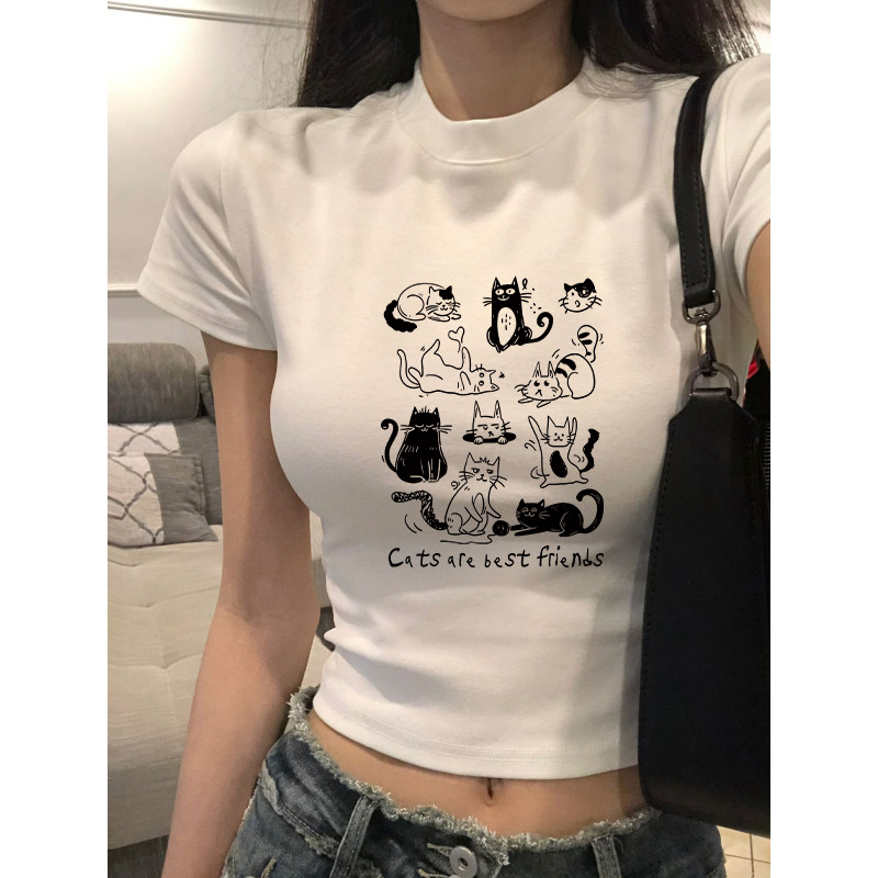 SELVZE เสื้อ Baby Tee เข้ารูป แฟชั่นที่เรียบง่ายตัวอักษรพิมพ์เสื้อยืดแขนสั้น C002256