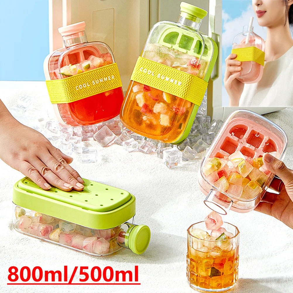 800ml/500ml 2-in-1 Ice Cube ขวดน้ํา & Tie & Straw แบบพกพา One-คลิก Ice Maker กาต้มน้ํา Ice Mould Cooler ถ้วยกลางแจ้งฟิตเนสเครื่องดื่ม