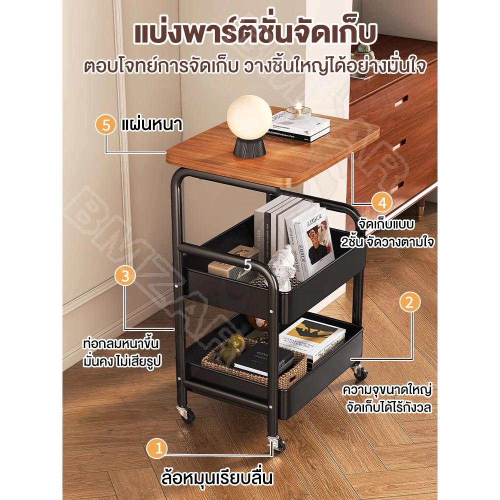 ชั้นวางของ โต๊ะกาแฟ พร้อมล้อเลื่อน+ที่จับ ชั้นวางของรถเข็น 2 ชั้น ทำด้วยไม้ แข็งแรงกันสนิม เคลื่อนย้ายสะดวก ชั้นวา thumbnail 3
