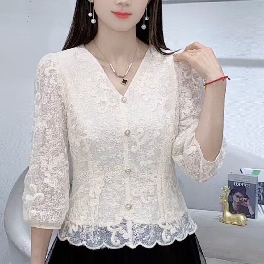 สไตล์เกาหลีผู้หญิงสุภาพสตรีเอวบางลูกไม้เย็บปักถักร้อย3/4แขนเสื้อเสื้อ