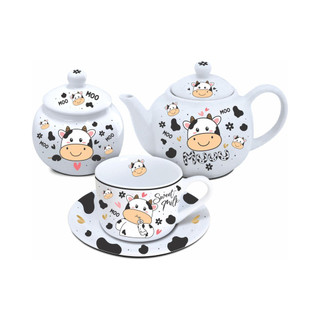 Conjunto de Mesa Porcelana Vaquinha Bule 500 ml Açucareiro 350 ml Xícara 170 ml Pires Kit Chá Café Charmoso Cozinha