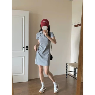 MOSESQUEEN มอสสควีน เดรสคอปกโปโลปัก 2025 ฤดูร้อนเอวแขนสั้นชุดห่อสะโพก #63064-63067