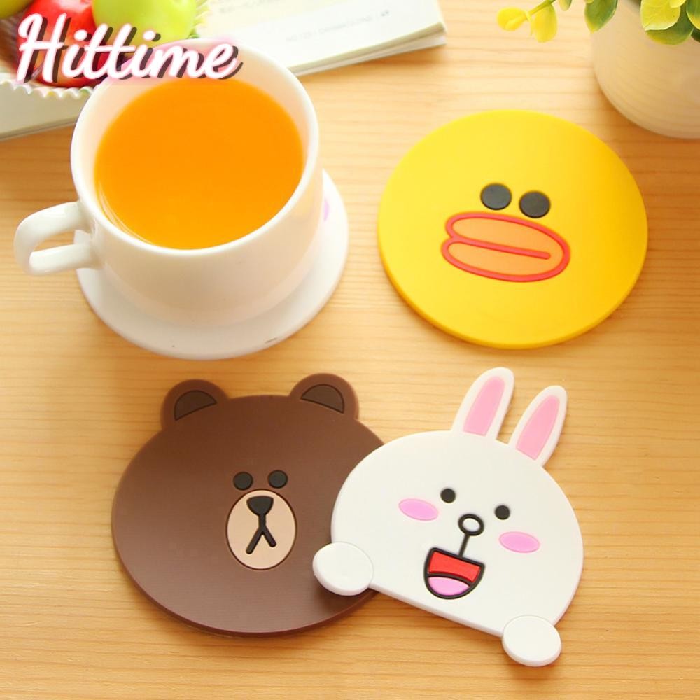 HITTIME ซิลิโคนโต๊ะรับประทานอาหาร Placemat Coaster น่ารักการ์ตูนถ้วย Anti-heat Anti Slip Coaster อุปกรณ์ครัว D9J4