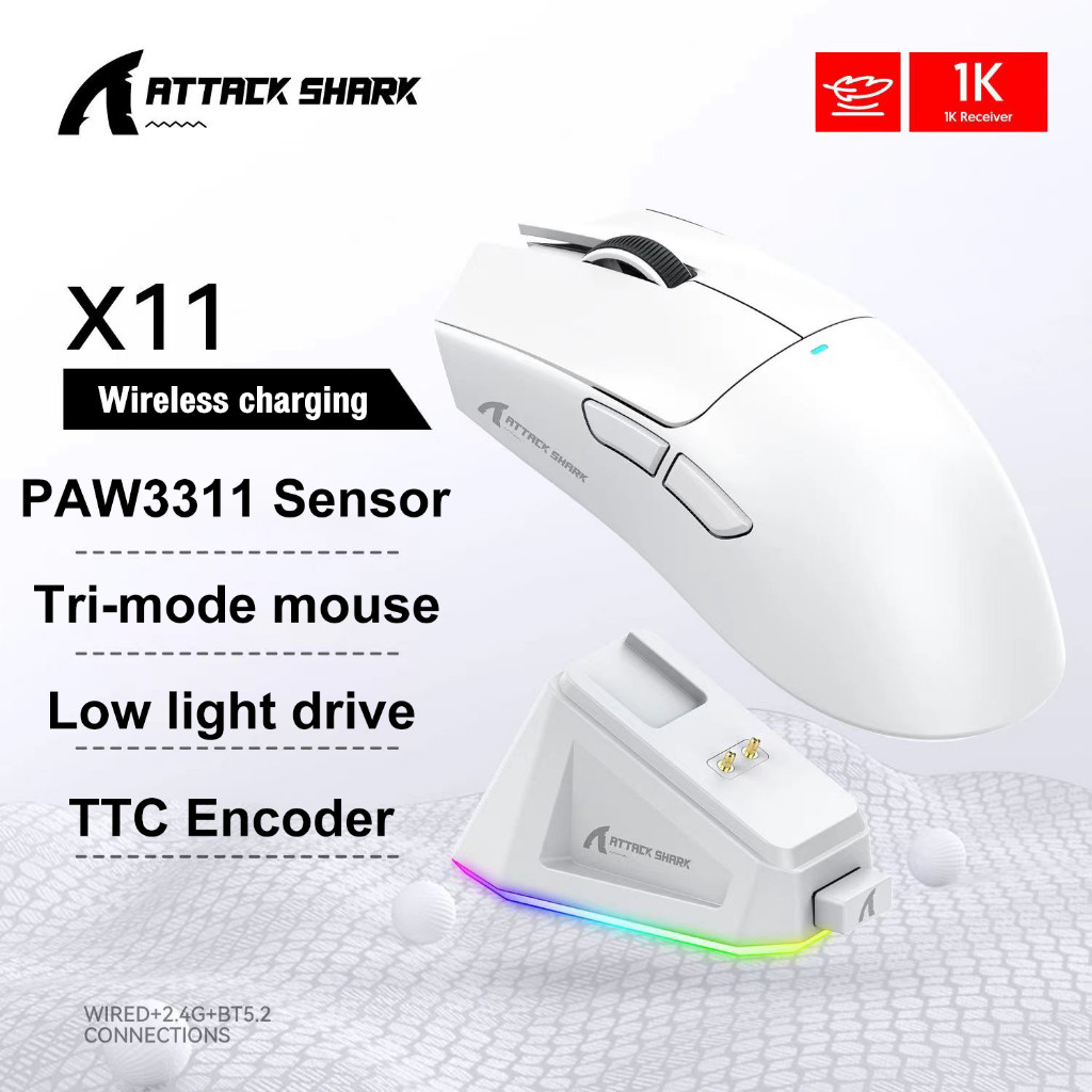 ATTACK SHARK X11 RGB  เมาส์บลูทูธไร้สาย PAW3311 เมาส์สำหรับเล่นเกม 3โหมด บลูทูธ 2.4G Type-C 59g