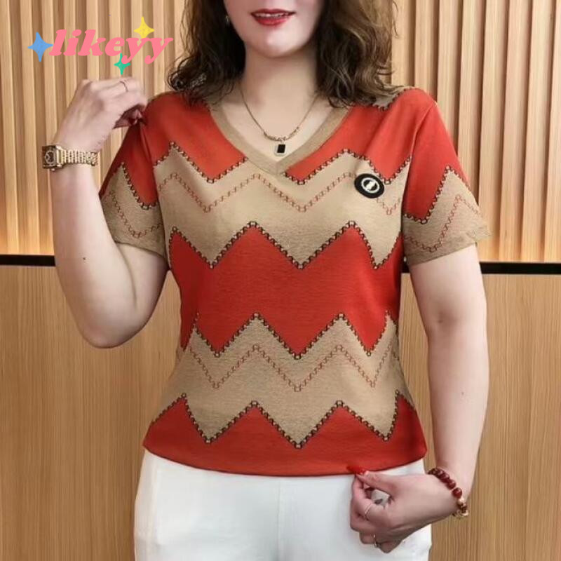 ผู้หญิงคอวีบางพิมพ์แขนสั้นเสื้อยืดสไตล์ตะวันตกสง่างามแม่ขนาดบวกหลวมด้านบน