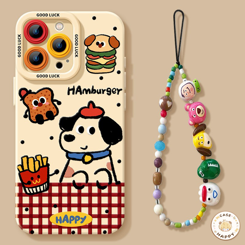 เคสไอโฟน 15 สำหรับ iPhone 11 16 12 13 Pro Max XR X XS MAX 8 7 16 15 Plus SE 2020 สร้อยข้อมือแฮมเบอร์เกอร์ลูกสุนัขน่ารักน