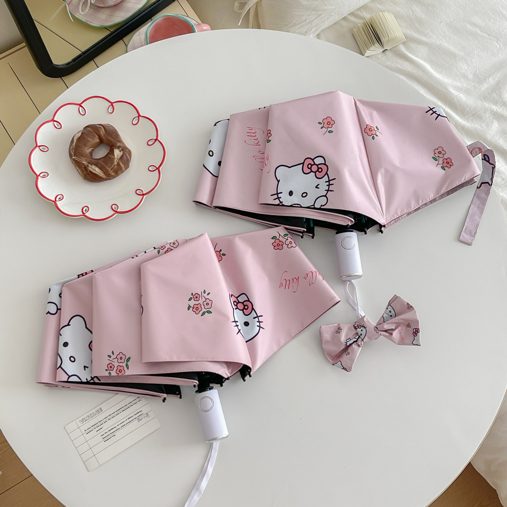 SANRIO [ฮาโร] ร่มอัตโนมัติเต็มรูปแบบ ซานริโอ สวัสดี =คิตตี้ น่ารักร่มอัตโนมัติเต็มรูปแบบป้องกันรังสียูวีสีดําเคลือบร่มบังแดดร่มแบบ คู่-ใช้พับ คุโรมิ ร่ม
