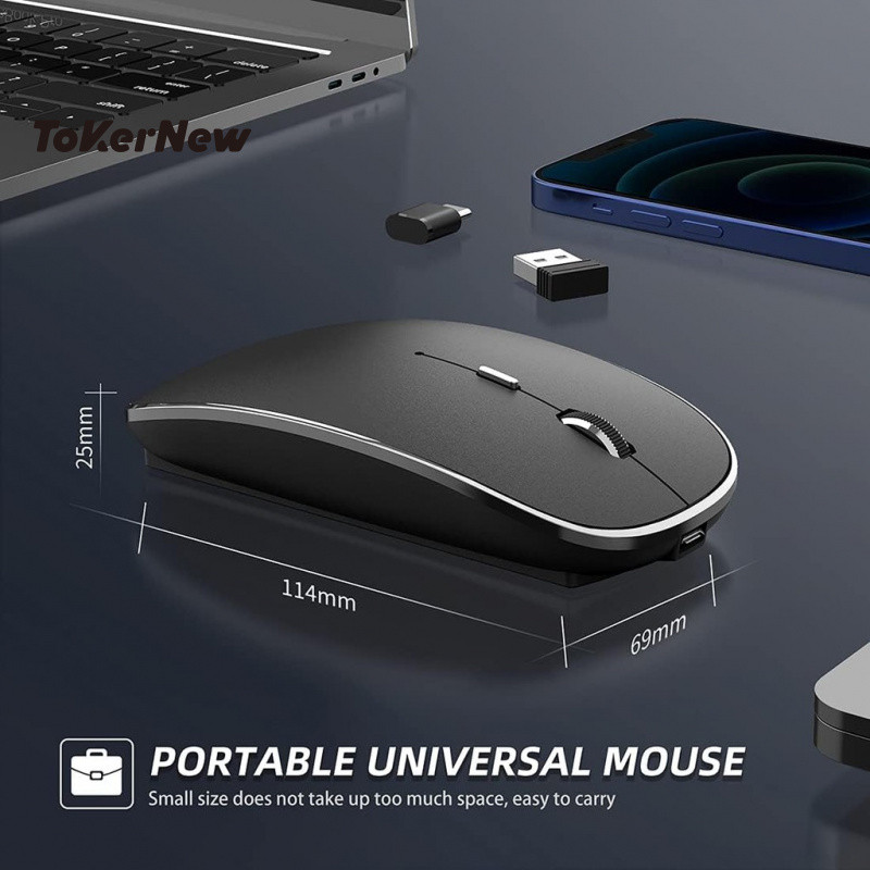 หนูเมาส์ไร้สายชาร์จ USB C ใหม่จาก ToKer – 2.4G โหมดคู่พร้อมตัวรับสัญญาณ Nano USB/Type C, หนูเมาส์ไร้สายบางเฉียบเงียบสำหรับพีซี/Mac/แล็ปท็อป