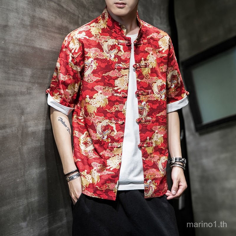 ผ้าฝ้ายและผ้าลินินเสื้อผู้ชายหลวมแขนสั้นลำลองพิมพ์เสื้อขนาดบวกย้อนยุคฮันจีนเสื้อผ้าครึ่งแขนเสื้อจีนรสเครื่องแต่งกายผู้ชายด้านบน