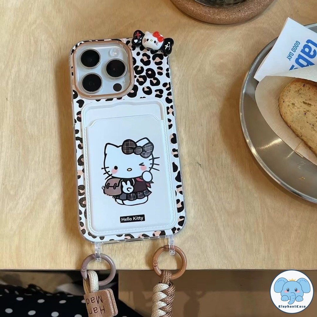 พิมพ์เสือดาวแฟชั่นเข้ากันได้เคสไอโฟน 16 11 13 XR 15 14 12 Pro Max 7 8Plus X XS Max SEน่ารัก HelloKitty เป๋าสตางค์บัตรเคส