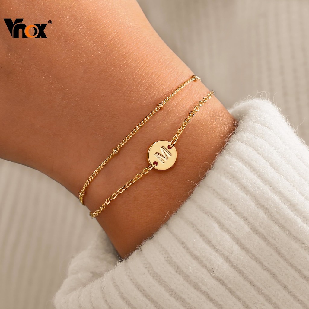 Vnox Gold สร้อยข้อมือเริ่มต้นสําหรับสาวผู้หญิง,Dainty Gold Layered Beaded Letter สร้อยข้อมือสร้อยข้อมือ