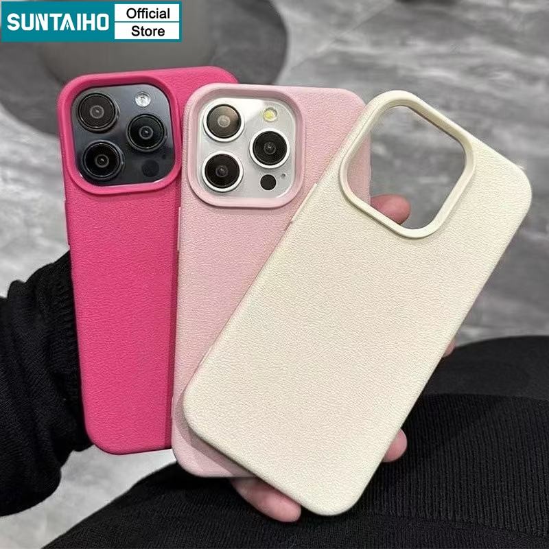 Suntaiho แฟชั่นสีลูกกวาดน่ารักซิลิโคนกันกระแทกนุ่มลิ้นจี่รูปแบบเคสโทรศัพท์หนังเทียมรูปแบบสีทึบสําหรับ Iphone 16 15 14 13 12 11 Pro Max IP 7 8 Plus Iphon