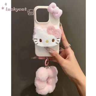 Iphone 16 15 14 13 12 11 Pro Max X Xr Xs Max เคสโทรศัพท์น่ารัก 3D DIY สีชมพูฤดูหนาวตุ๊กตาสีชมพูโบว์ KT Cat + Lanyard หนังนุ่มปกหลัง