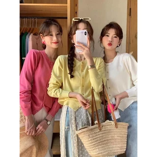 mimi&didi#เสื้อไหมพรมแฟชั่นแขนยาวปุ่มสีทองเล็ก ๆ เสื้อครอป สีเขียวสไตล์เกาหลีสไตล์เรียบง่ายและอ่อนโยน#X601