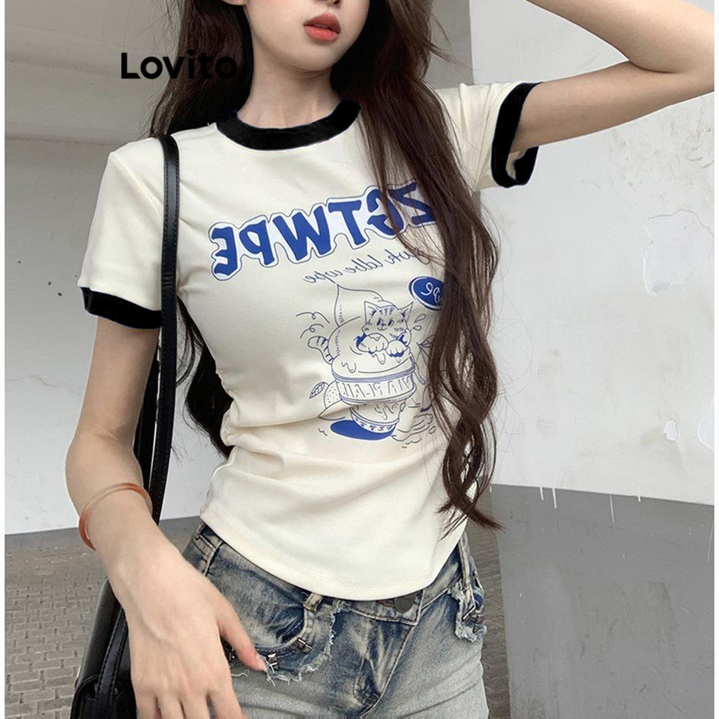 Lovito เสื้อยืดผู้หญิง สีพื้น พิมพ์ลาย แบบคัลเลอร์บล็อก สไตล์ลำลอง LNE69355