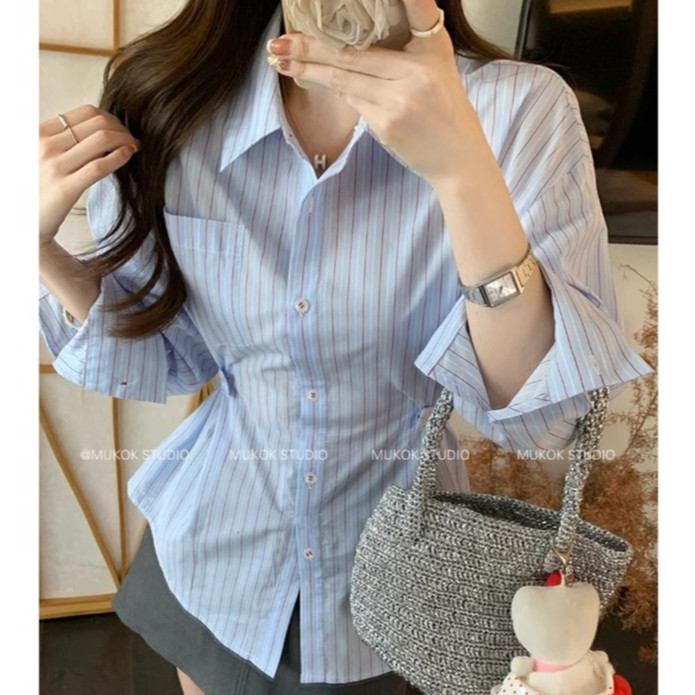 HHB309 เสื้อเชิ้ตทรงเข้ารูป (ผ้าคอตตอล) ลายทางแนวตั้ง สีฟ้า อก40 พร้อมส่ง ใส่ทำงาน ใส่สบาย แฟชั่นสตร