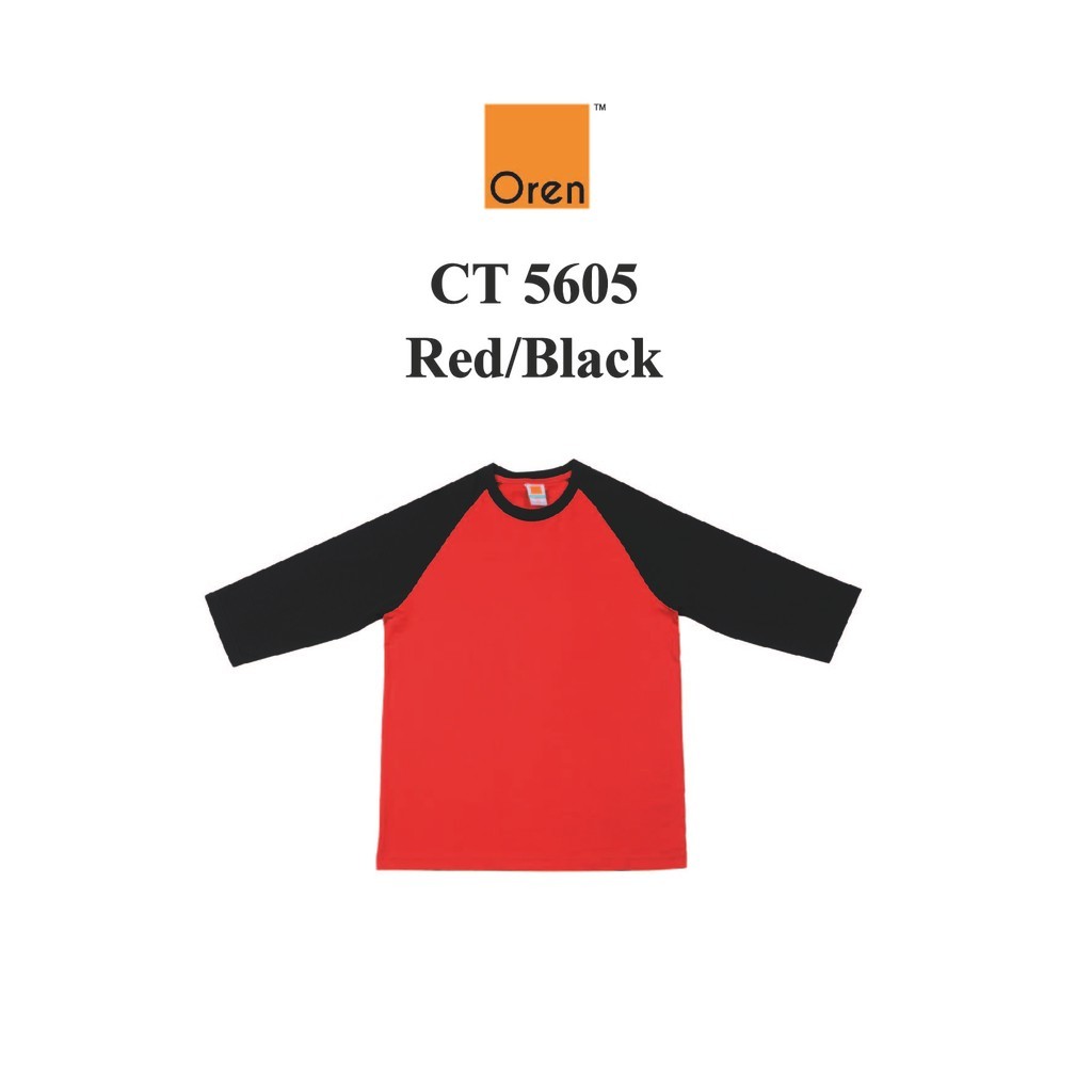 .my Oren Sport CT5605 สีแดง/สีดํา Comfy Cotton Raglan 3/4 Sleeve Tee Plain Unisex ผู้ใหญ่รอบคอ T 3 Q