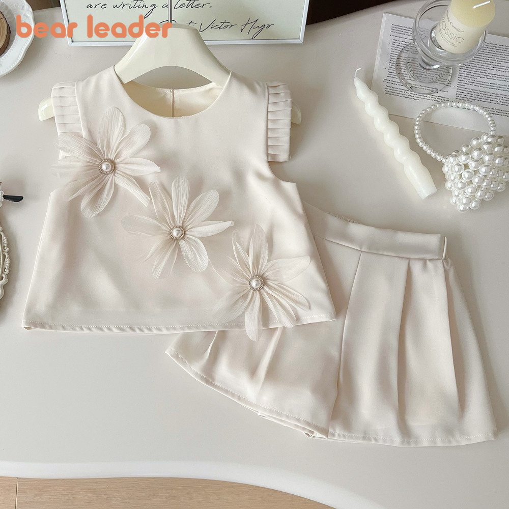 หมีผู้นําฤดูร้อนใหม่3งดอกไม้สาวชุดเวอร์ชั่นเกาหลีนัวเนียแขนเสื้อยืดท็อปส์และกางเกงสองชิ้นชุดหวานธรรมดาเด็กเสื้อผ้าแฟชั่นสว