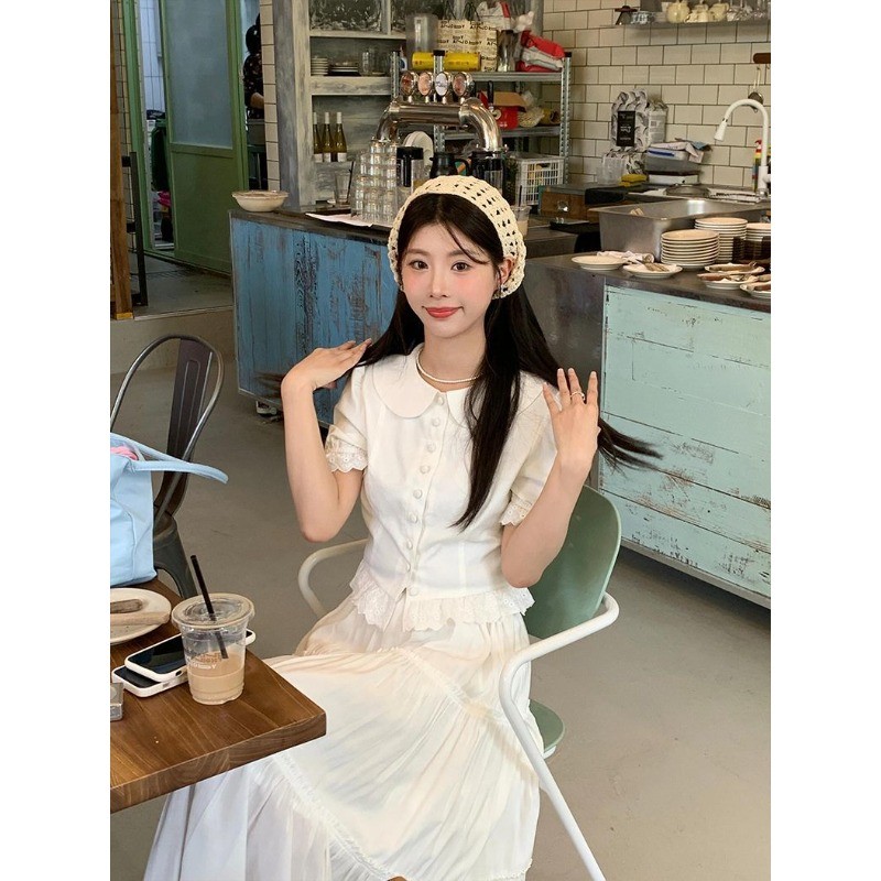 🧡LINNA🧡เวอร์ชั่นเกาหลี สีทึบ ลูกไม้ แขนสั้น เสื้อเชิ้ต แฟชั่น หวาน