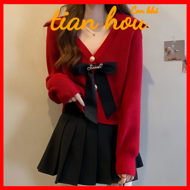 สินค้าใหม่ชิ้นเดียว/ชุดคริสต์มาสสีแดงเสื้อถักเสื้อกันหนาวผู้หญิงฤดูใบไม้ร่วงและฤดูหนาวโบว์คอวีด้านบนกระโปรงจีบสองชิ้น