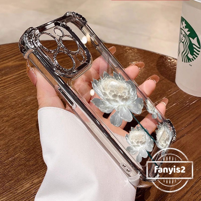 ใช้งานร่วมกับสําหรับ IPhone 16 11 15 14 13 12 Pro Max Plus X XR Xs Max 7Plus 8Plus SE 2020 ปลอกแฟชั่น Lotus เคสโทรศัพท์ชุบโปร่งใสสี่มุม Anti Fall ถุงลมนิรภัยฝาครอบ