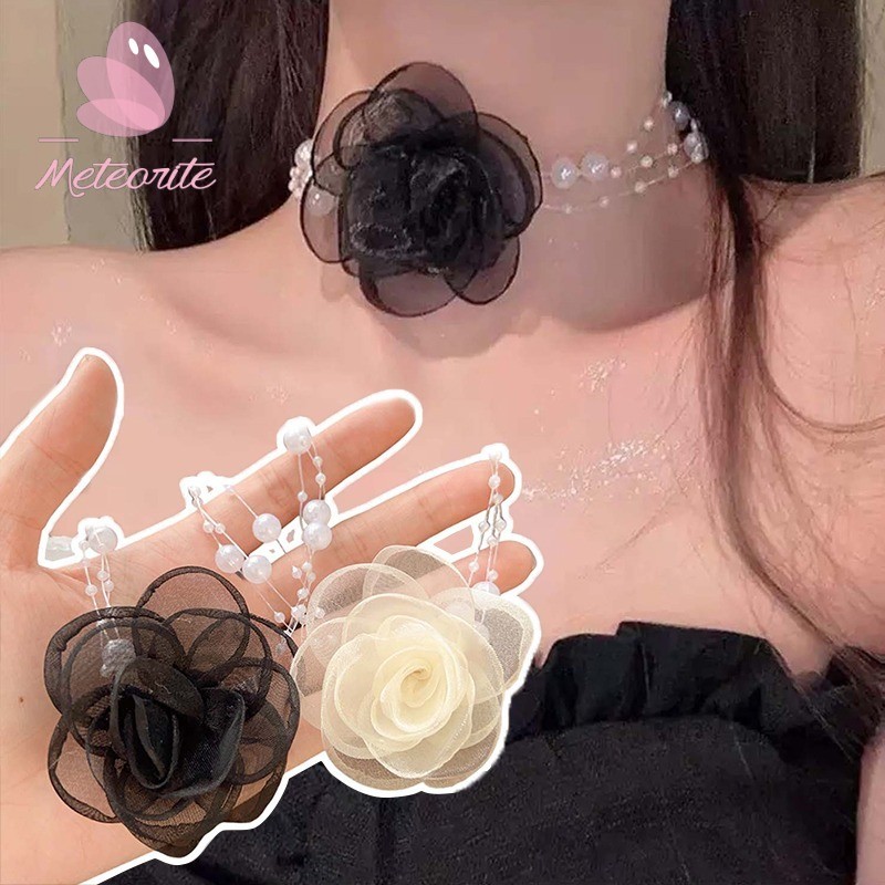 สง่างามตาข่าย ดอกเคมีเลีย สร้อยคอมุก-ผู้หญิงดอกไม้หวานเค้นคอโซ่เครื่องประดับแฟชั่น