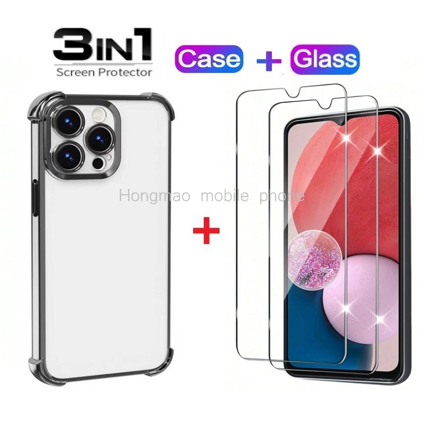 3in1 ป้องกันเคสโทรศัพท์ + กระจกนิรภัยฟิล์มสําหรับ Redmi หมายเหตุ 9A 9i 9 10 9T 9S 12 10C 12C 14C 13 